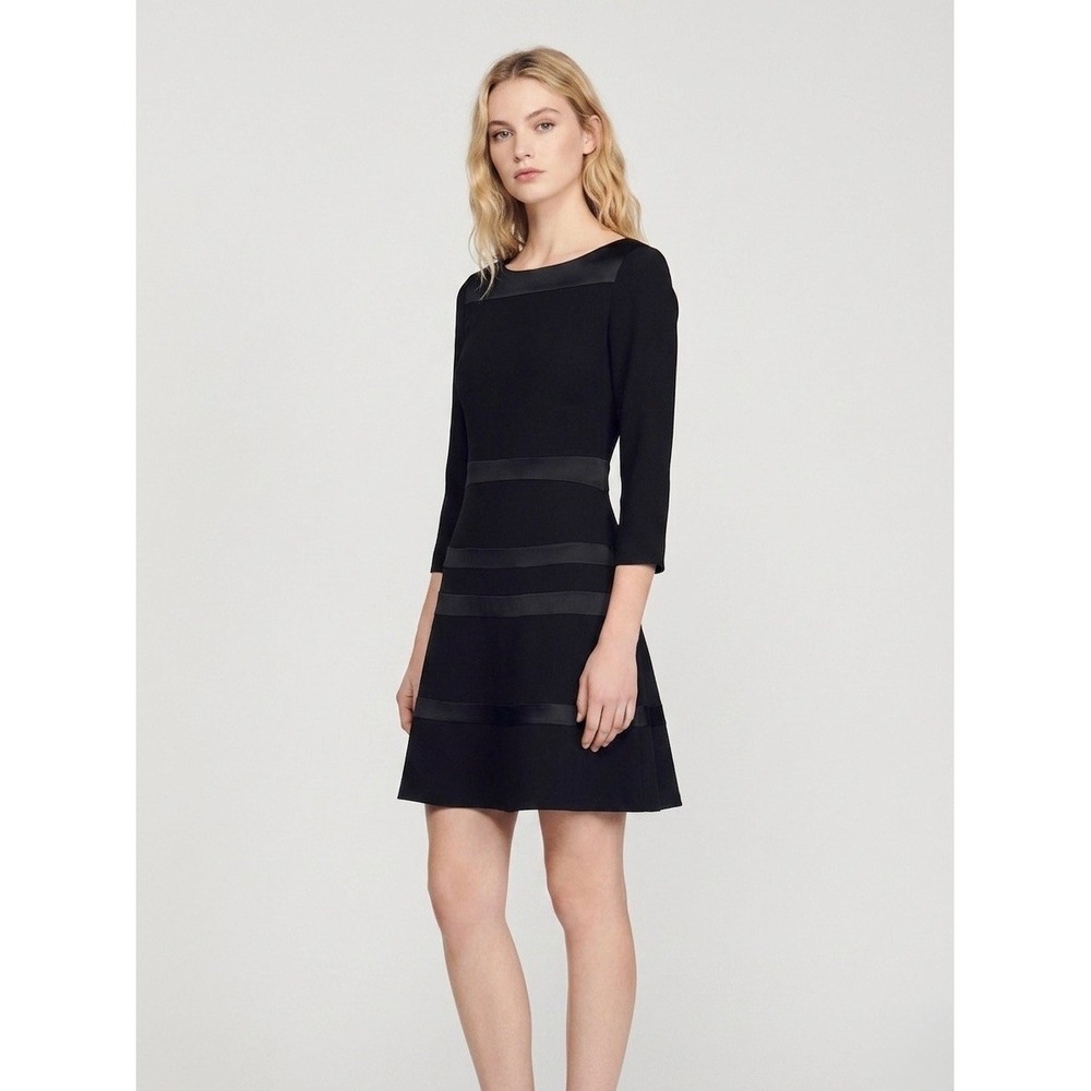 Sandro Paris Black Satin Trim Mini Dress R3178H 3/4 Sleeve Fit & Flare Size 1